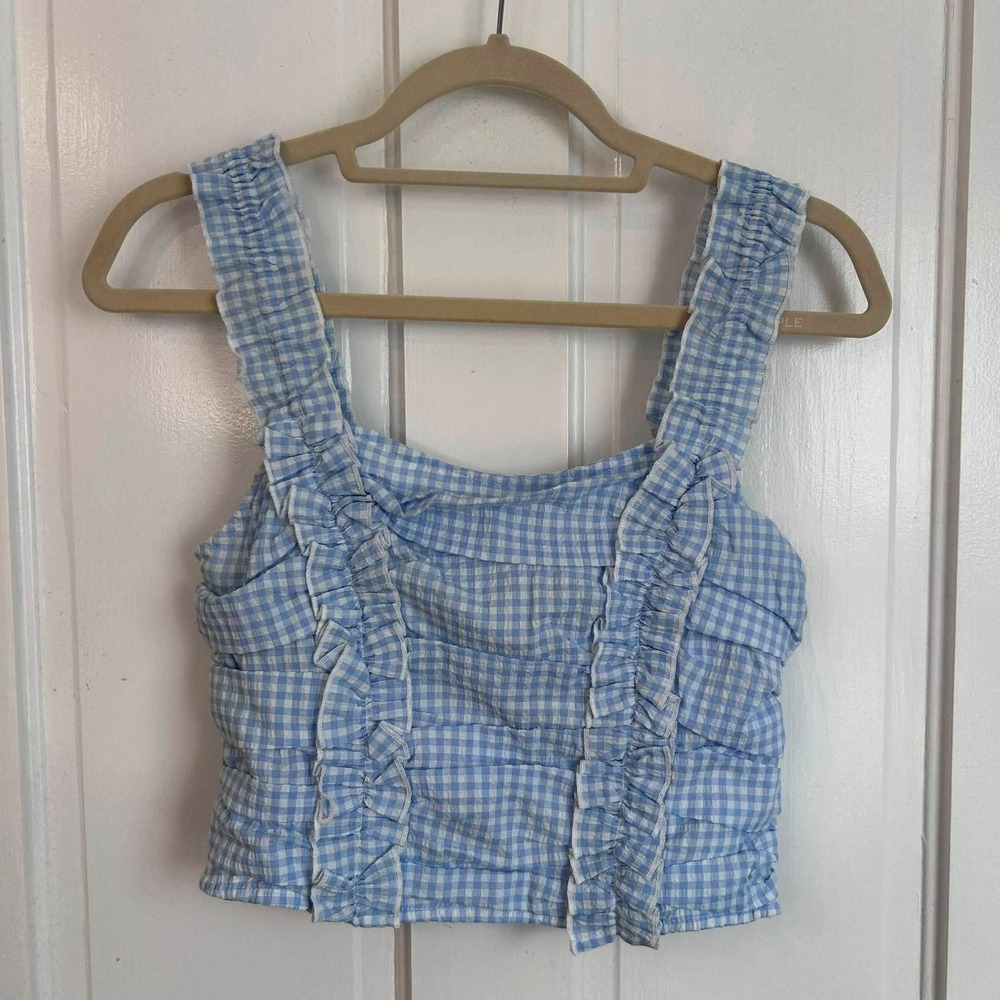 Lush Gingham Smocked Crop Top Womens Size Medium Blue Ruffle Trim LT17117-FC
